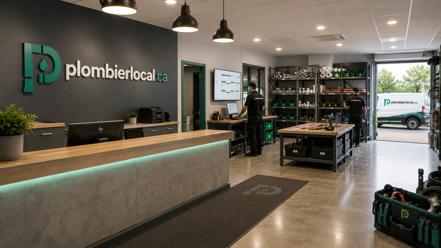 Comptoir de service et atelier de plomberie avec personnel