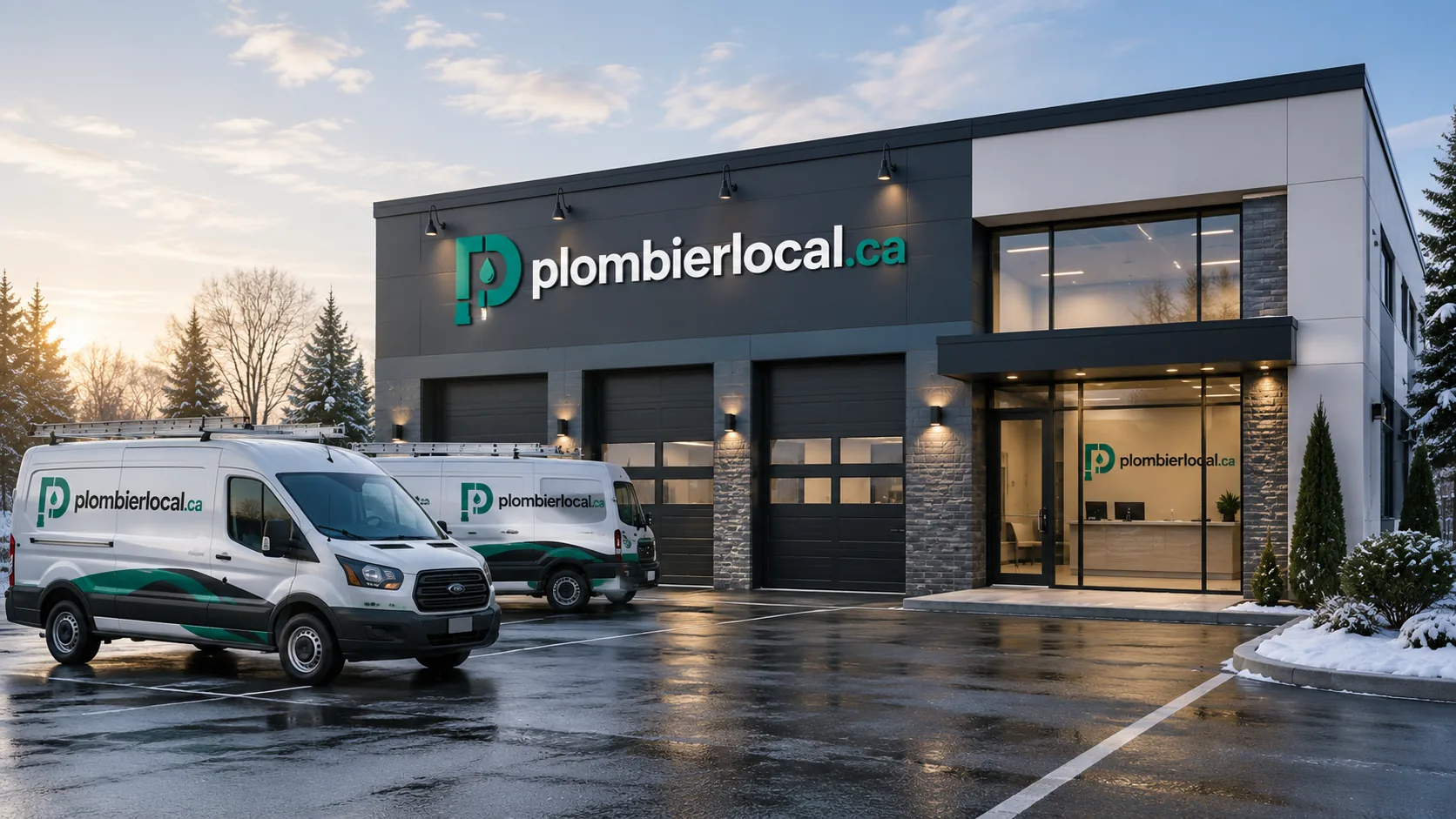 Camions de plombiers devant un bâtiment de service